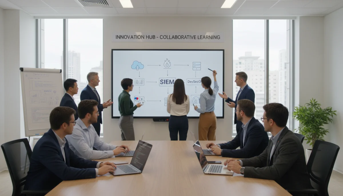 Diverse professionals collaborating on a cybersecurity project