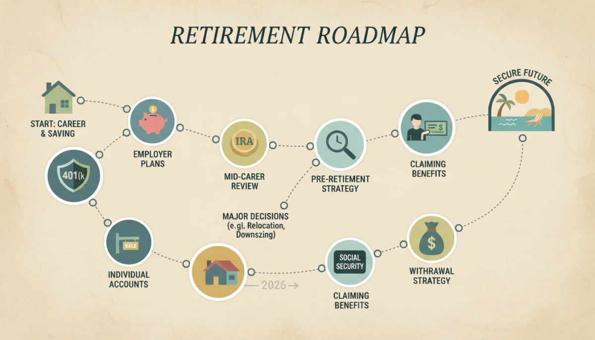 Retirement planning roadmap showing key milestones and financial instruments.