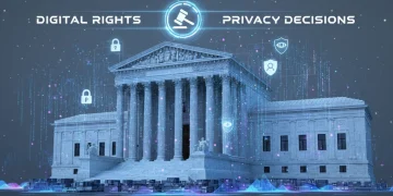 Supreme Court building with digital privacy overlays, symbolizing 2026 rulings impact.