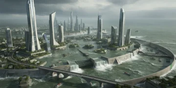 Coastal city partially submerged by rising sea levels in 2050