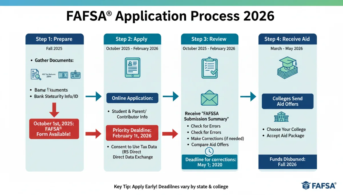 Infographic showing FAFSA application steps and timeline for 2026