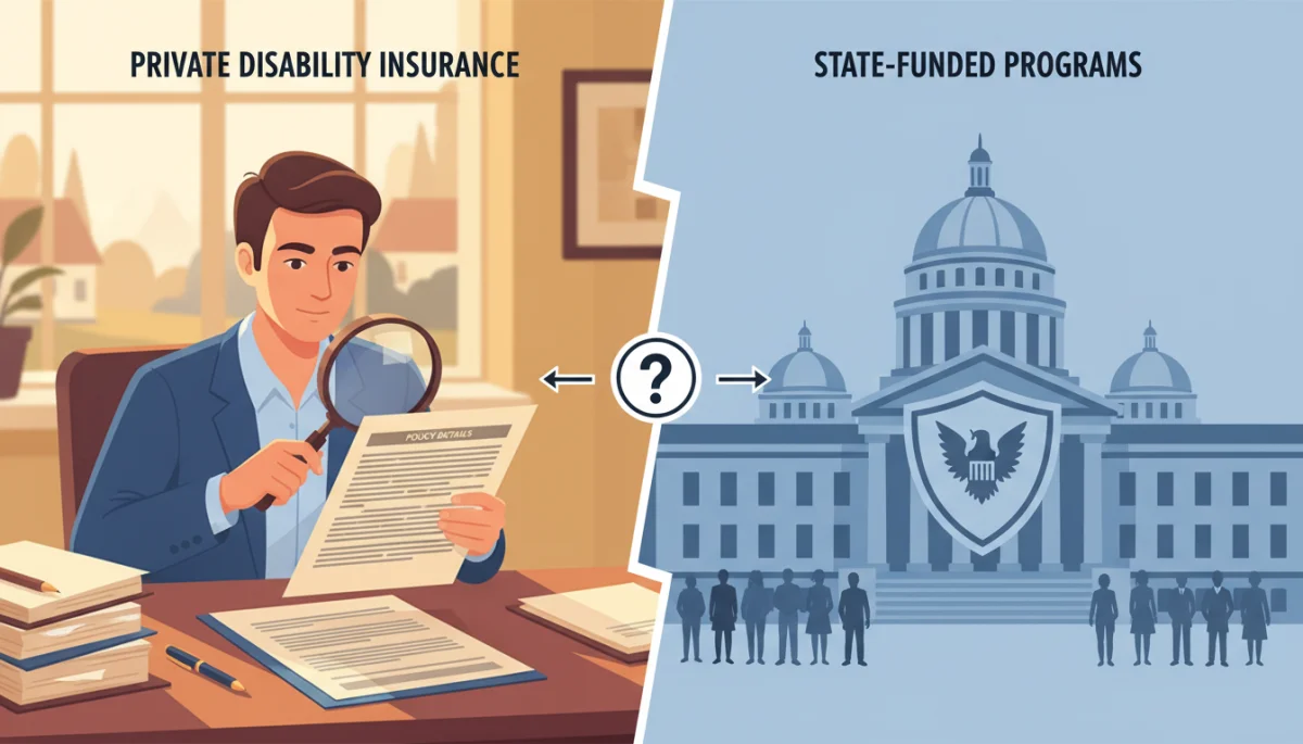Comparing private disability insurance policy with state-funded program symbols