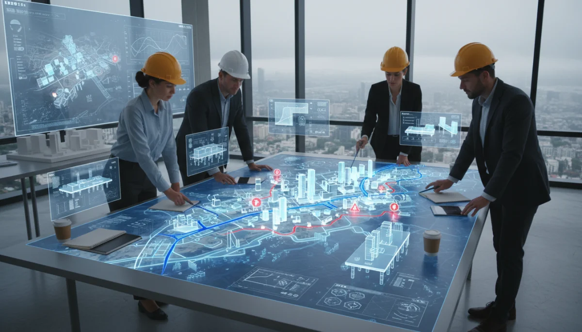 Urban planners discussing coastal protection strategies for sea level rise