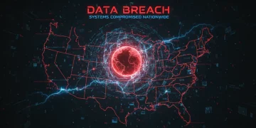 Stylized map of US with fragmented data representing 2026 cybersecurity breach