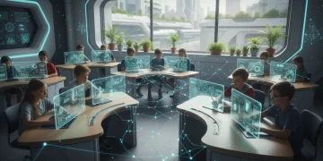 Students engaged in AI-personalized learning on futuristic screens