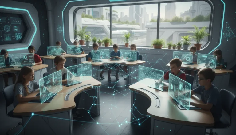 Students engaged in AI-personalized learning on futuristic screens
