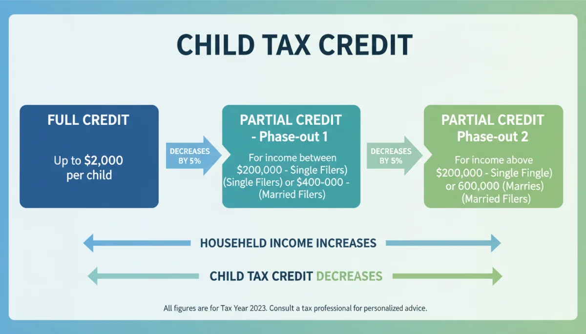 Infographic showing Child Tax Credit income thresholds and benefit amounts