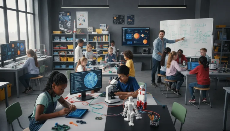 Children engaged in a modern STEM classroom, building robots and coding.