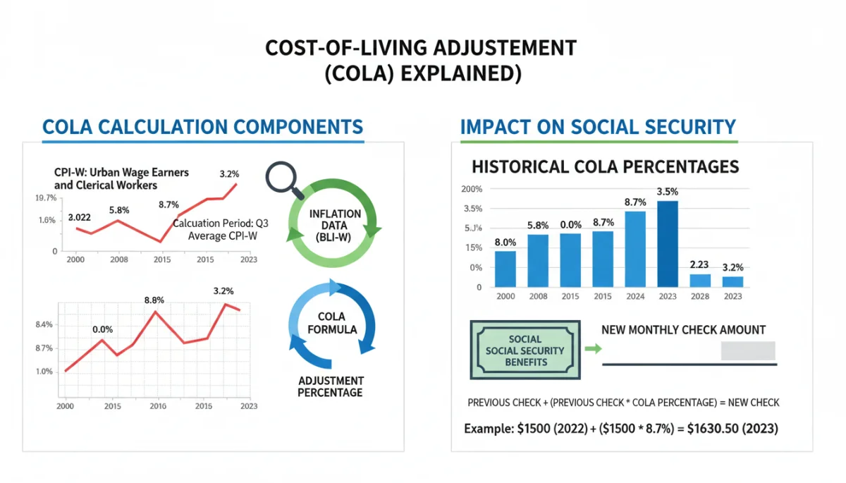 Infographic explaining COLA calculation components and historical percentages impact on Social Security.