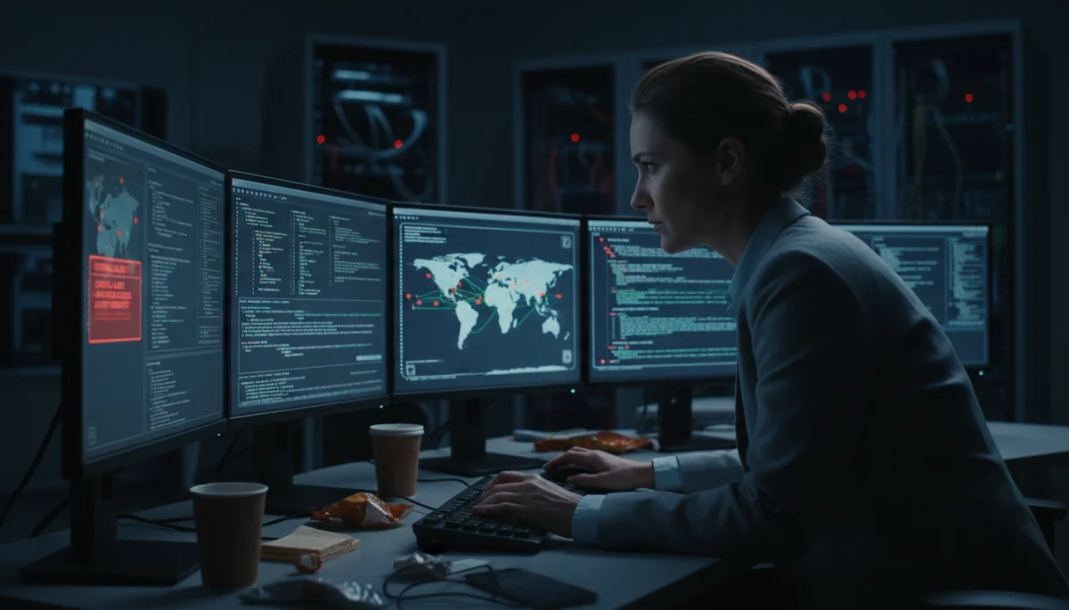 Cybersecurity expert analyzing data breach alerts on multiple screens