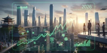 Digital stock market interface with green upward trends over a modern city skyline at dawn, representing investment growth in 2026.