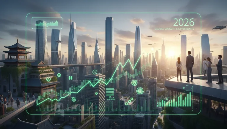 Digital stock market interface with green upward trends over a modern city skyline at dawn, representing investment growth in 2026.