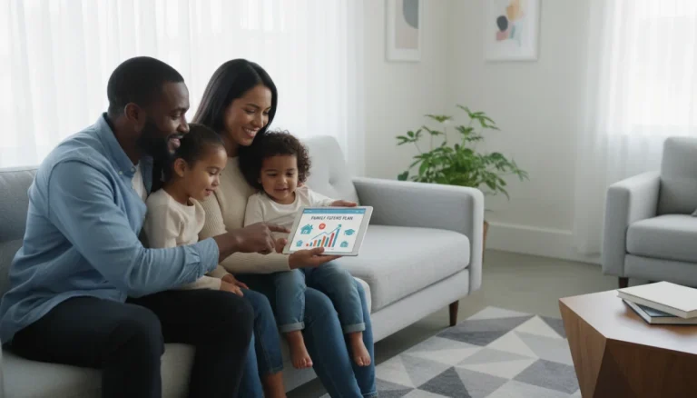 Happy family reviewing Child Tax Credit information on a tablet
