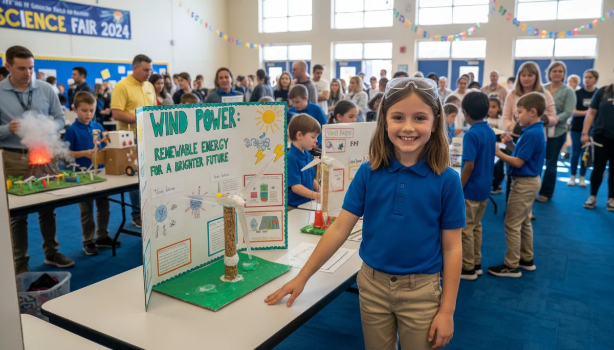 Young girl presenting a renewable energy science project at a school fair.