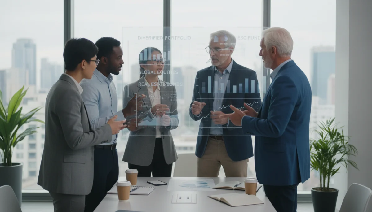Diverse investors collaborating on financial data, discussing portfolio diversification.